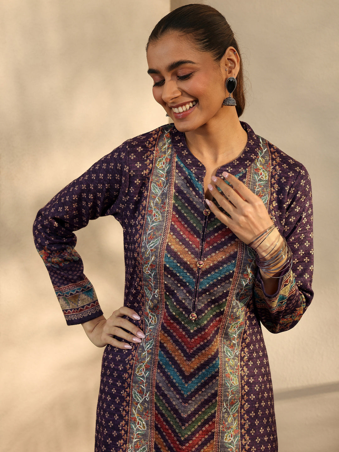 Burgundy Printed Wool Blend Straight Suit Set With Dupatta