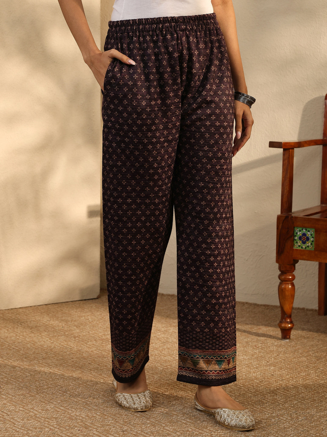 Burgundy Printed Wool Blend Straight Suit Set With Dupatta