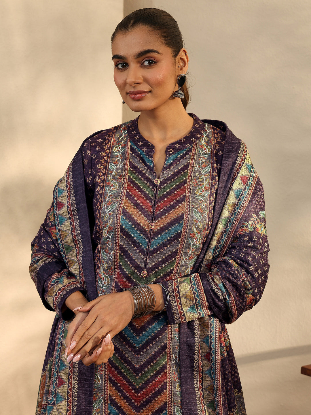 Burgundy Printed Wool Blend Straight Suit Set With Dupatta
