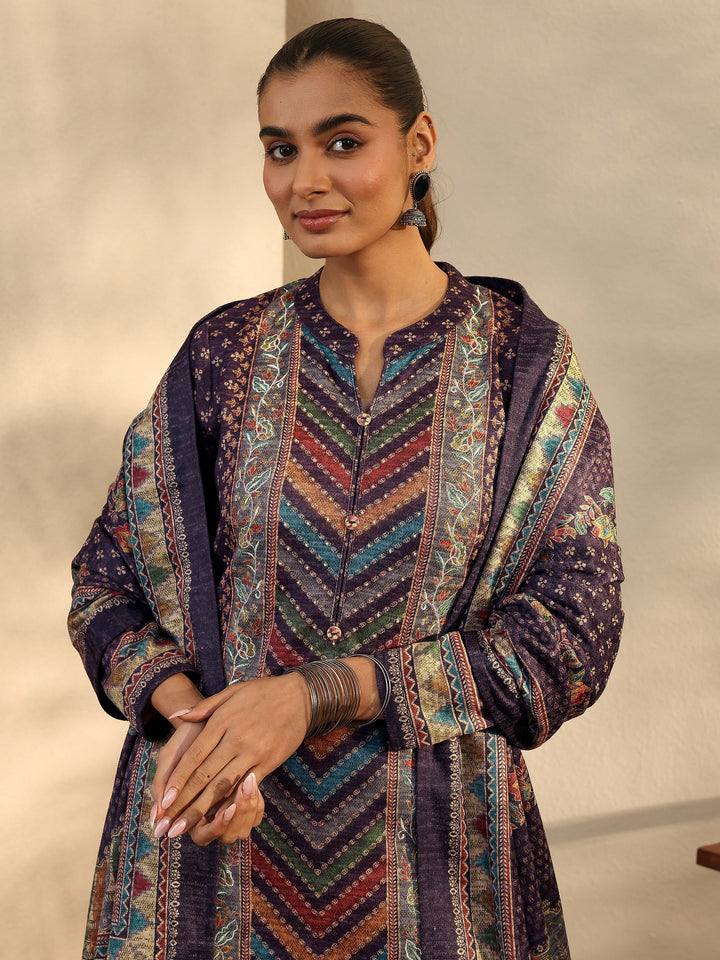 Burgundy Printed Wool Blend Straight Suit Set With Dupatta