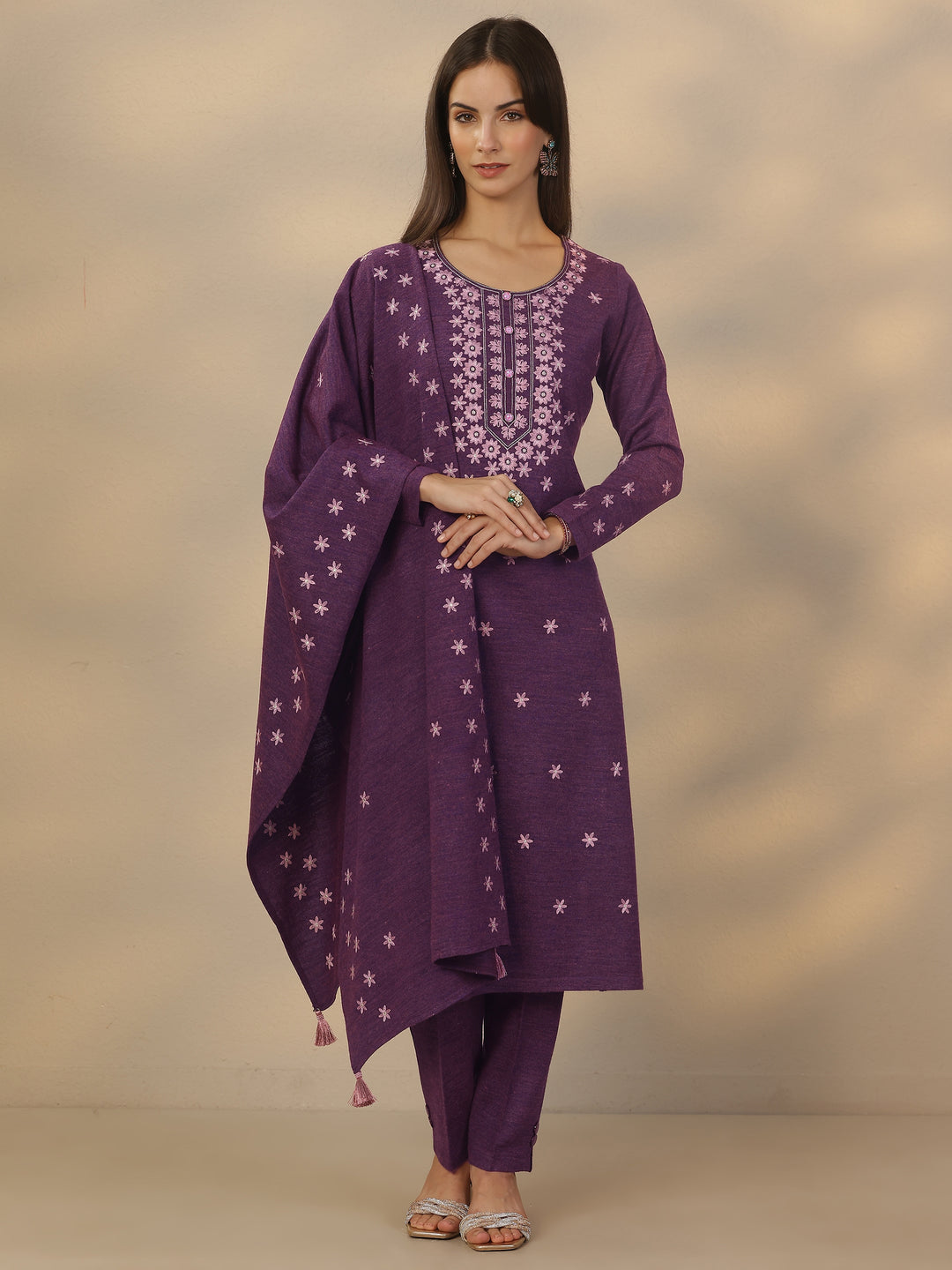 Purple Embroidered Wool Straight Suit Set With Dupatta