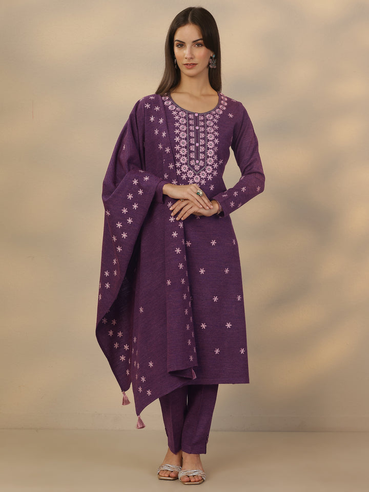 Purple Embroidered Wool Straight Suit Set With Dupatta