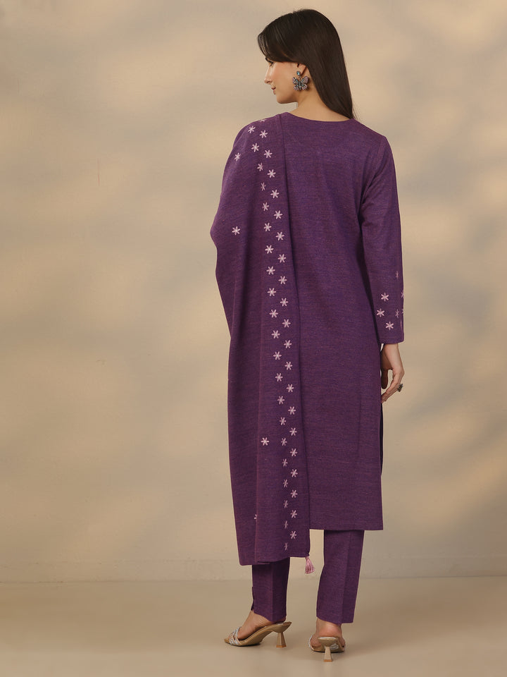 Purple Embroidered Wool Straight Suit Set With Dupatta