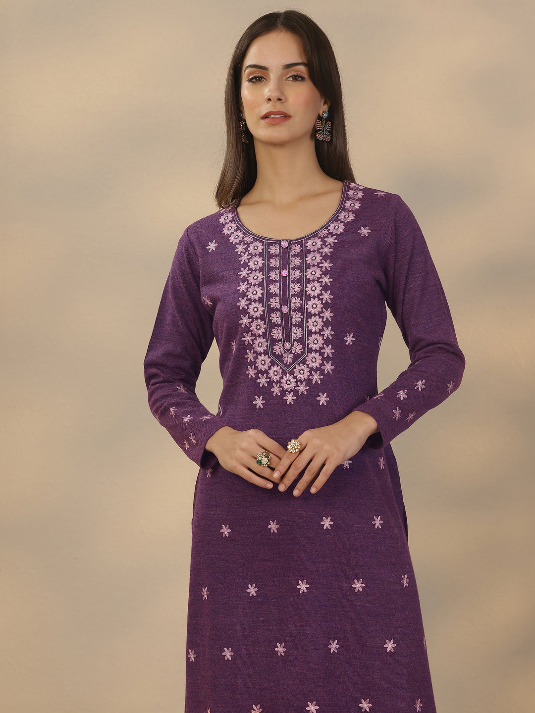 Purple Embroidered Wool Straight Suit Set With Dupatta