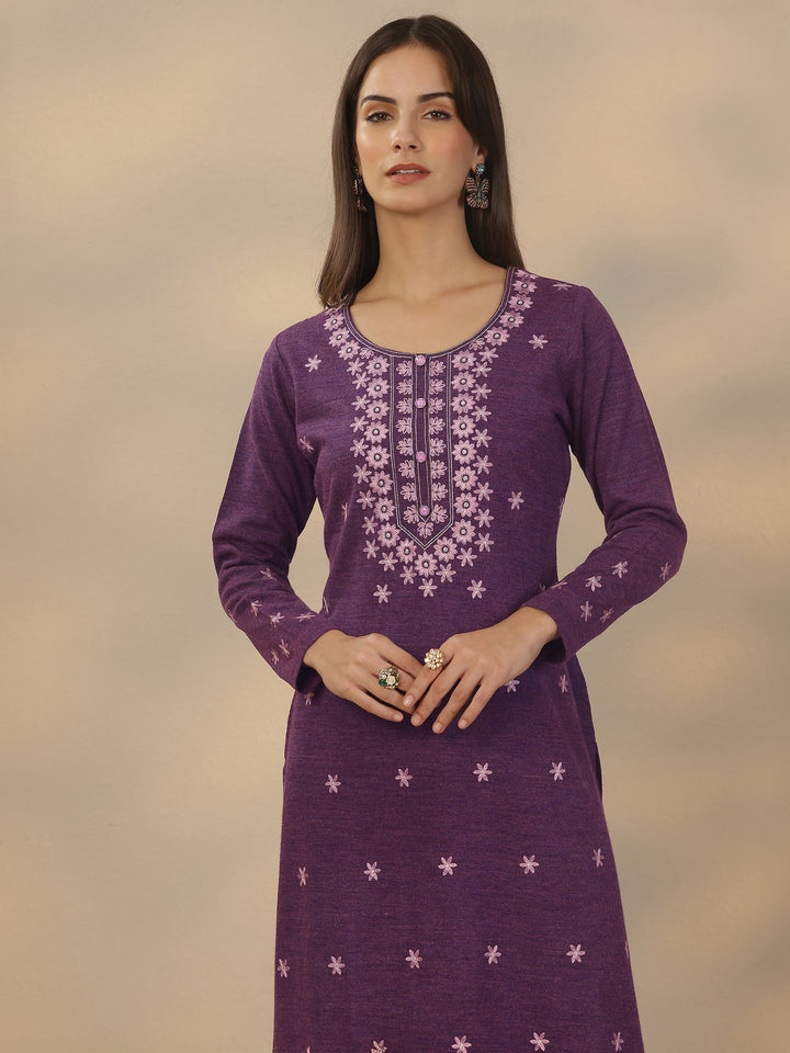 Purple Embroidered Wool Straight Suit Set With Dupatta