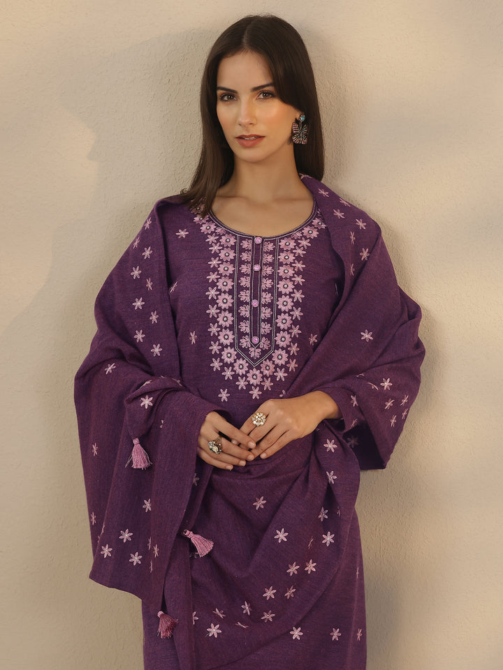Purple Embroidered Wool Straight Suit Set With Dupatta