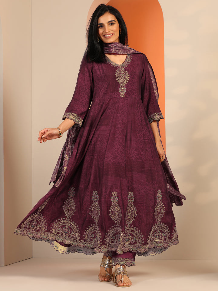 Maroon Printed Silk Blend Anarkali Suit Set With Dupatta