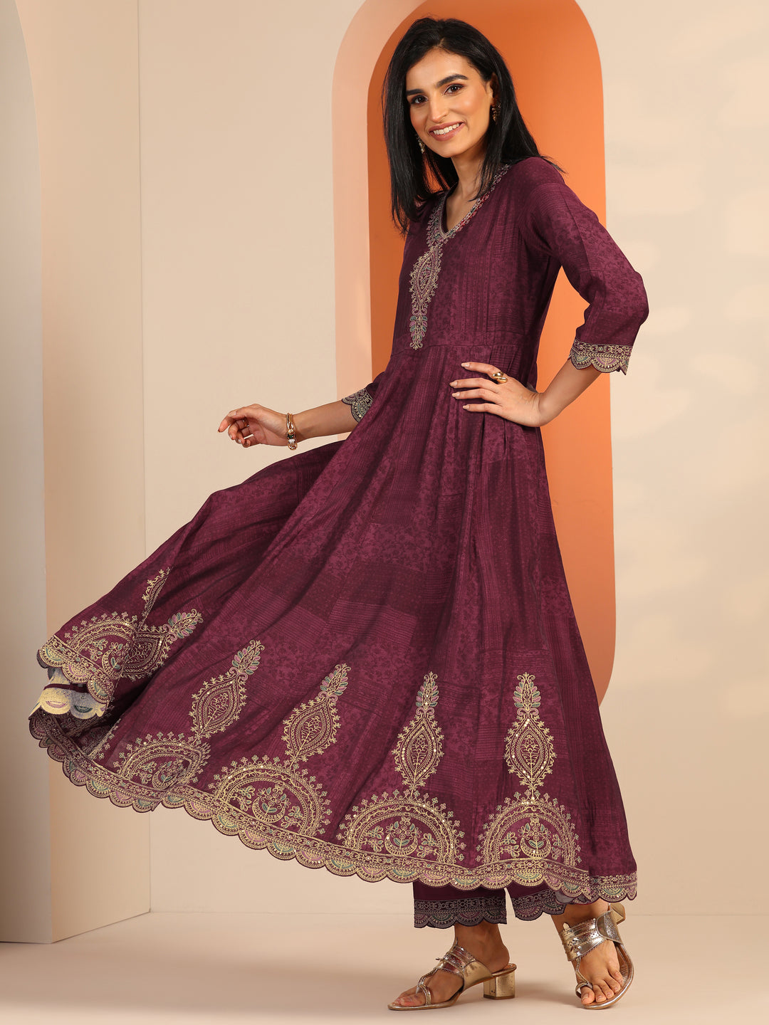 Maroon Printed Silk Blend Anarkali Suit Set With Dupatta