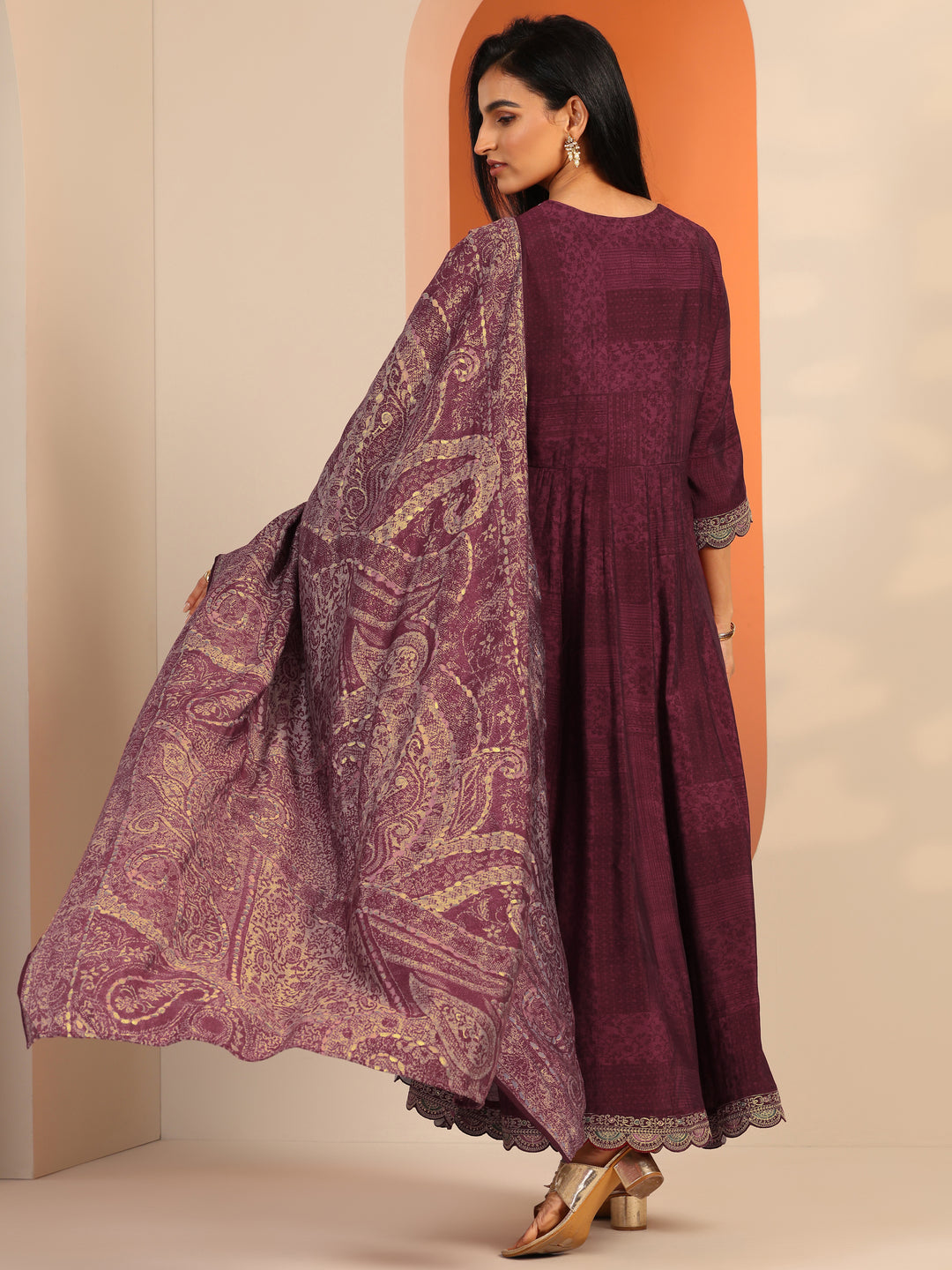 Maroon Printed Silk Blend Anarkali Suit Set With Dupatta