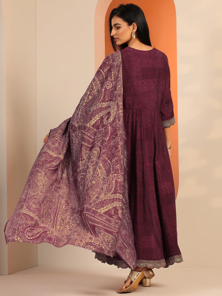Maroon Printed Silk Blend Anarkali Suit Set With Dupatta