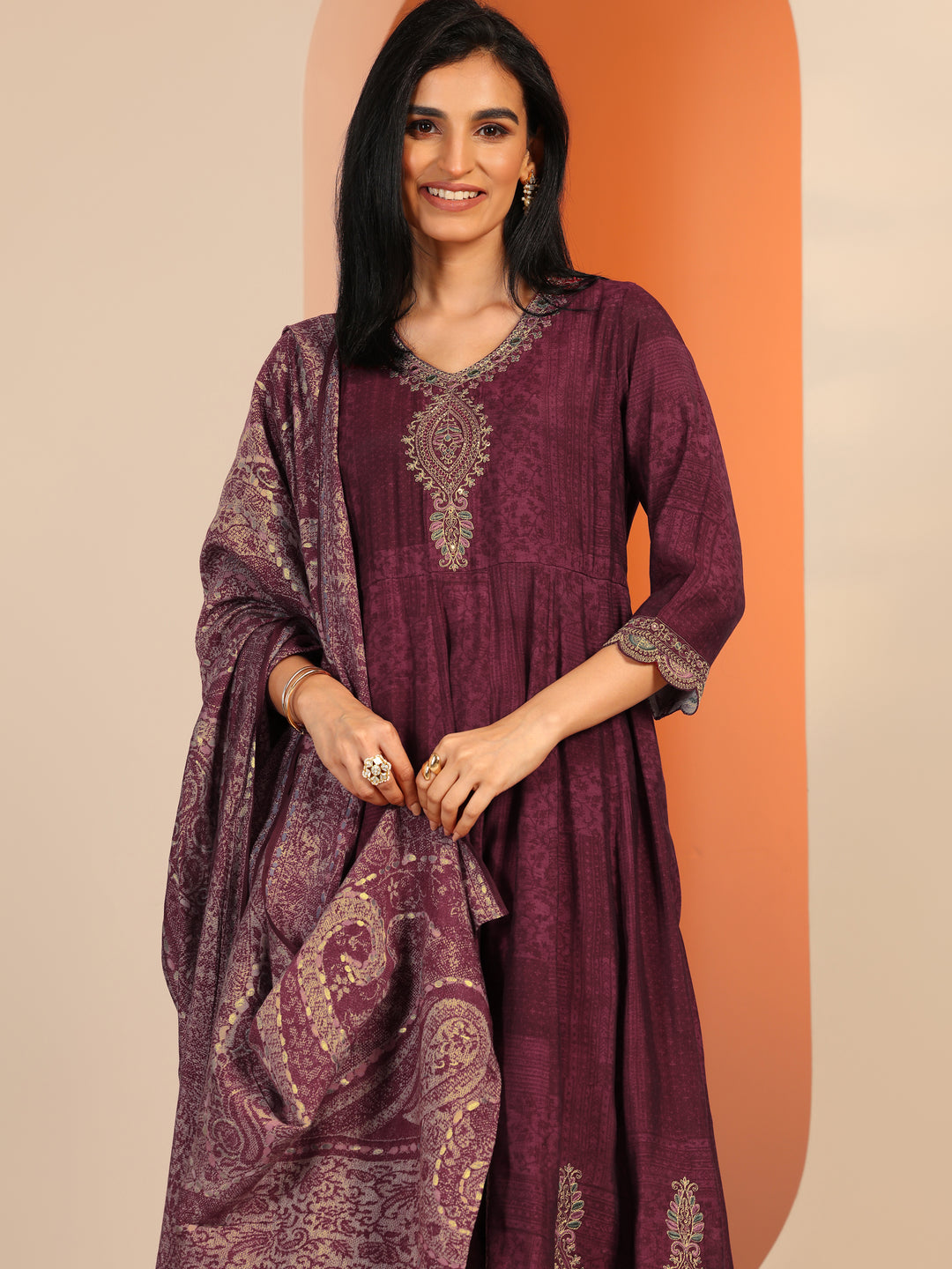Maroon Printed Silk Blend Anarkali Suit Set With Dupatta