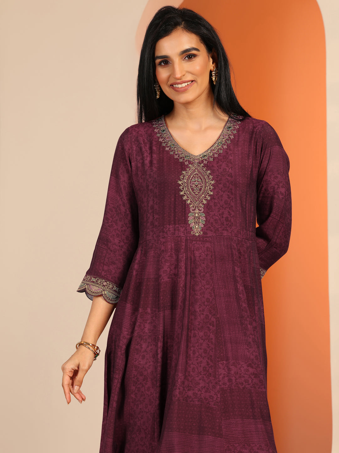 Maroon Printed Silk Blend Anarkali Suit Set With Dupatta