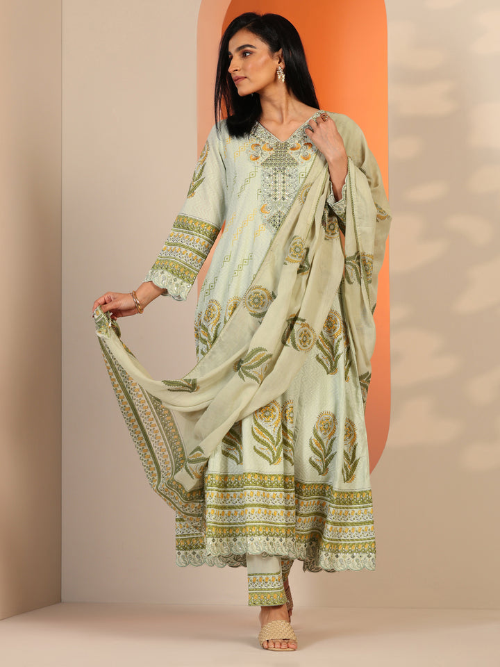 Green Printed Cotton Anarkali Suit Set With Dupatta