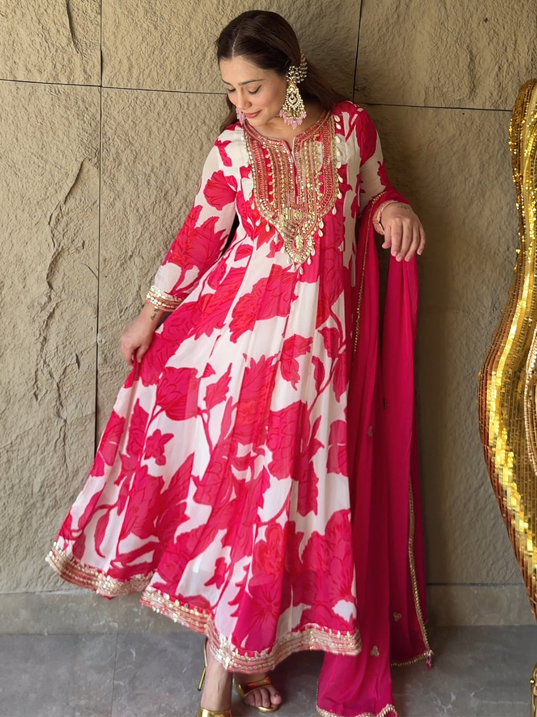 Off White Printed Georgette Anarkali Suit Set With Dupatta