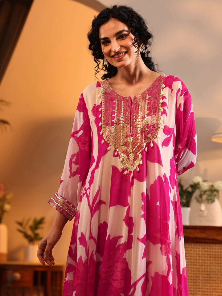 Libas Art Off White Printed Georgette Anarkali Suit Set With Dupatta