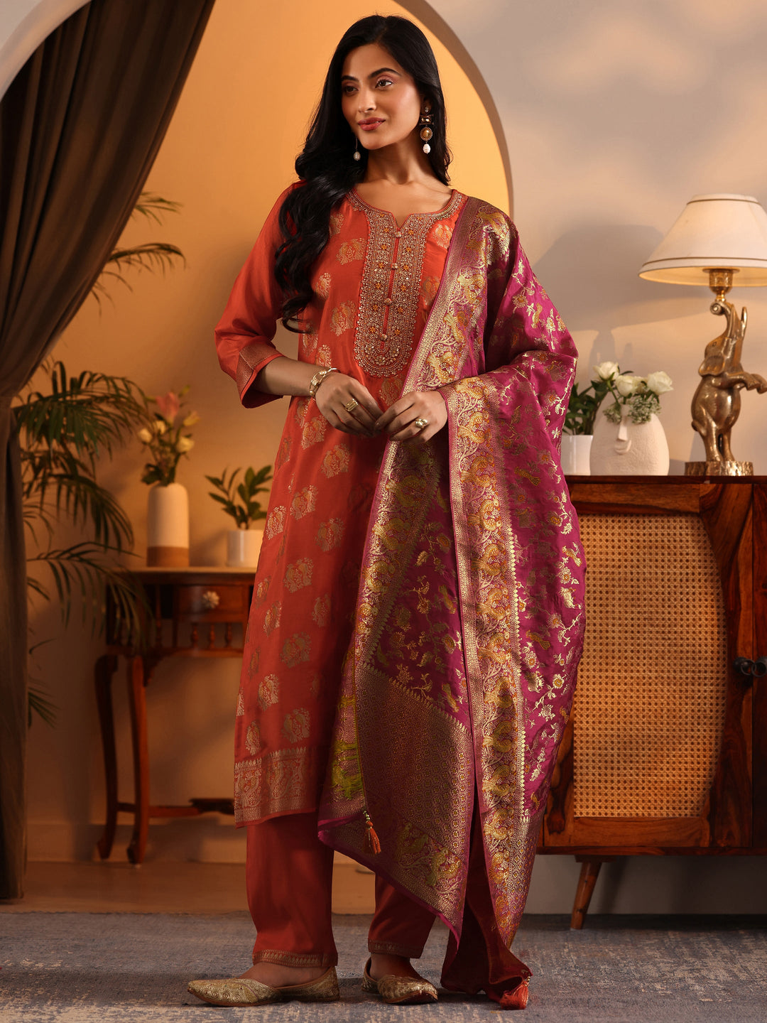 Libas Art Orange Woven Design Silk Blend Straight Suit Set With Dupatta