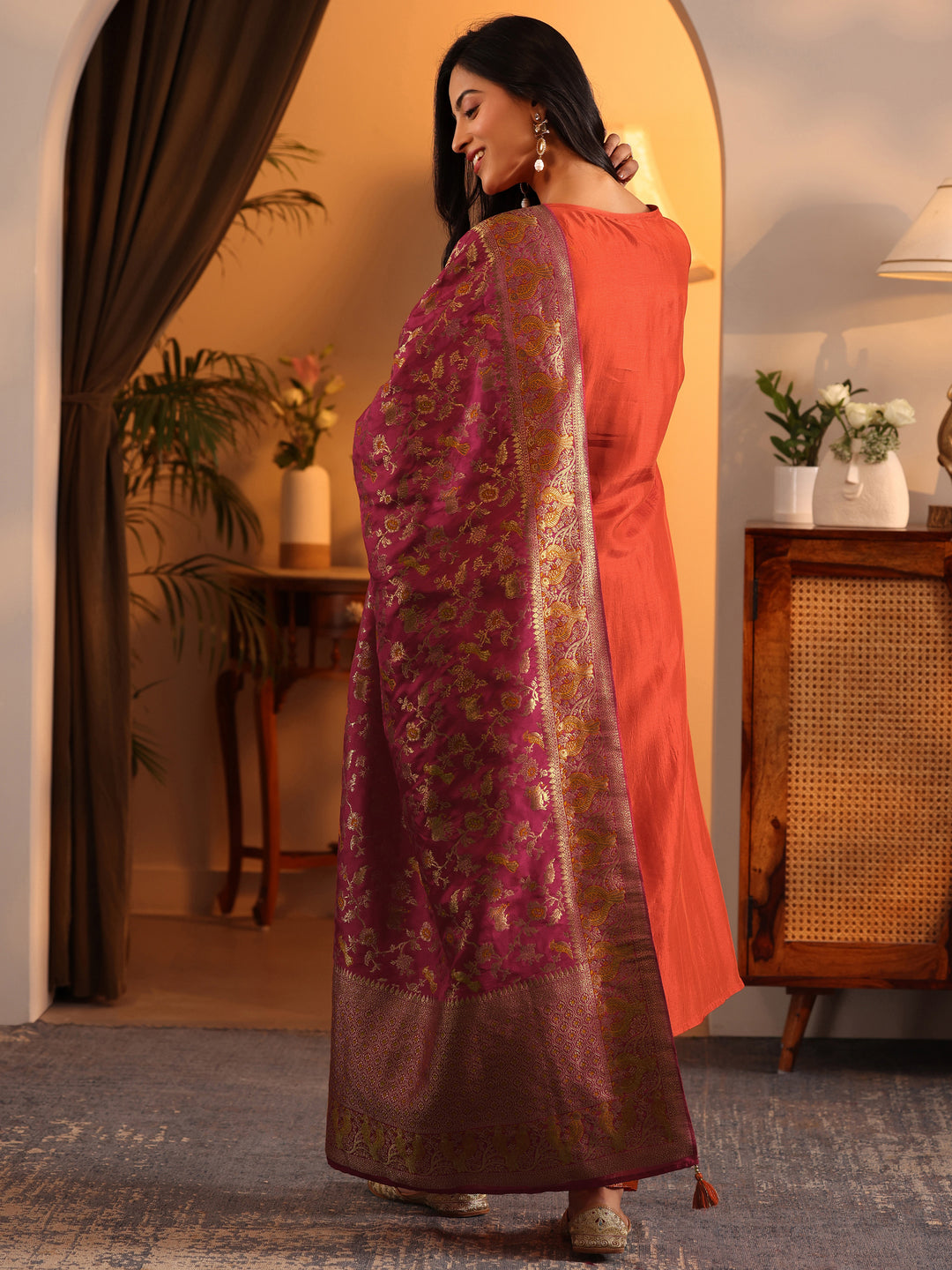 Libas Art Orange Woven Design Silk Blend Straight Suit Set With Dupatta