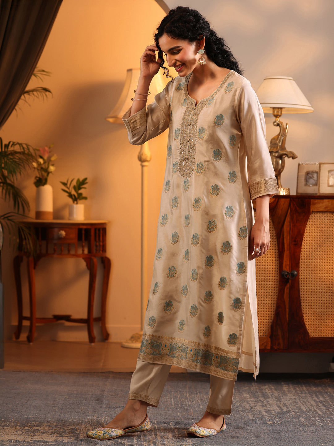 Libas Art Off White Woven Design Silk Blend Straight Suit Set With Dupatta