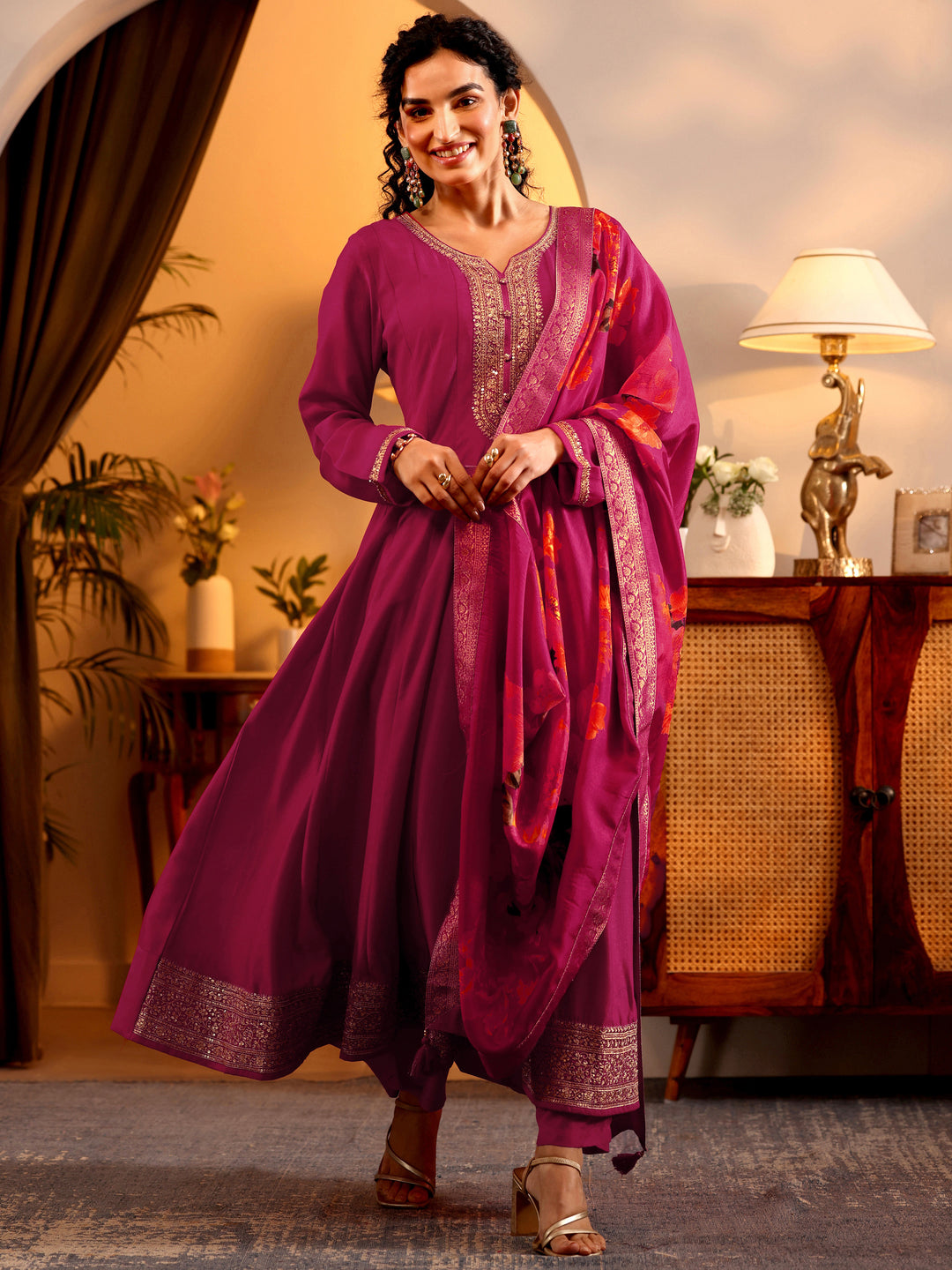 Libas Art Pink Embroidered Silk Blend Anarkali Suit Set With Dupatta