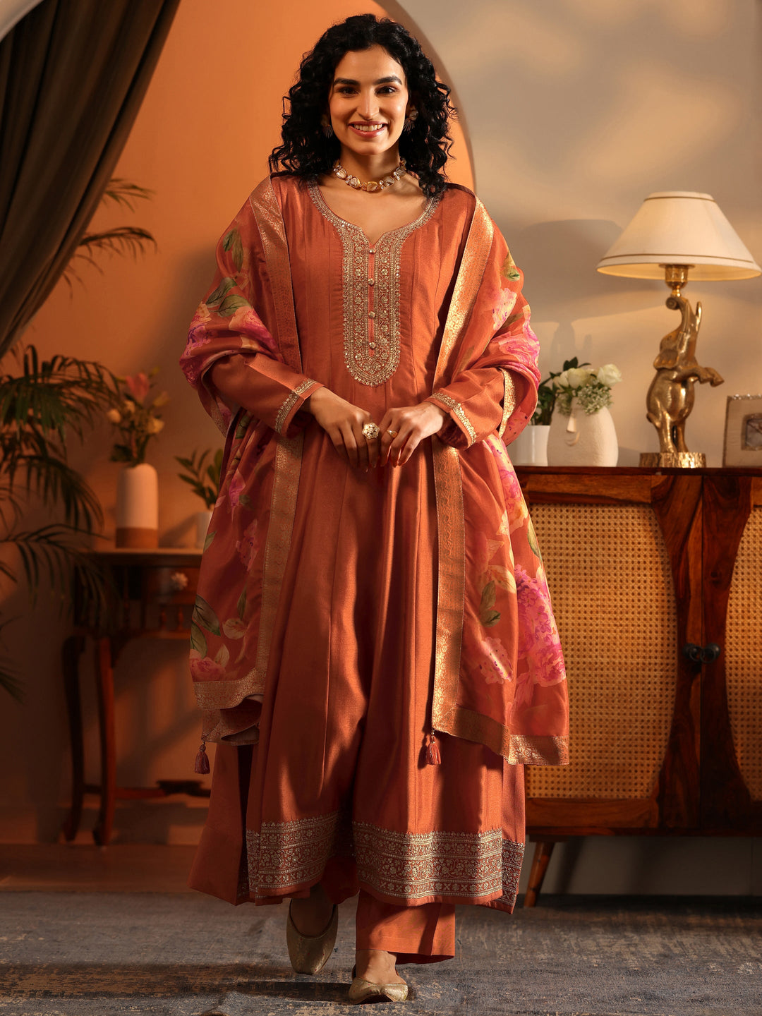 Libas Art Orange Embroidered Silk Blend Anarkali Suit Set With Dupatta