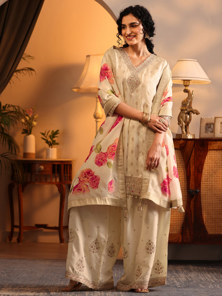 Libas Art Cream Woven Design Silk Blend Straight Suit Set With Dupatta