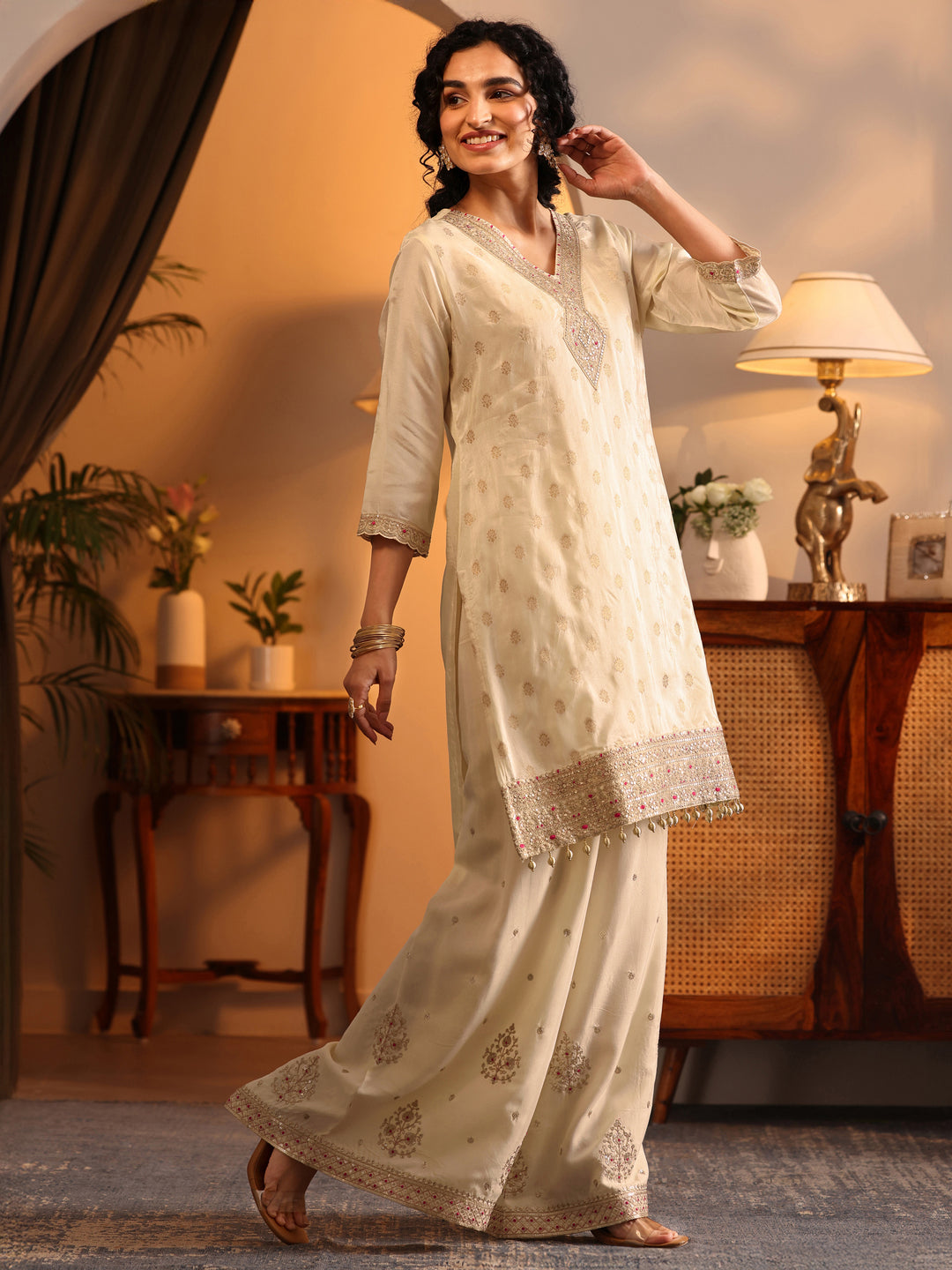 Libas Art Cream Woven Design Silk Blend Straight Suit Set With Dupatta