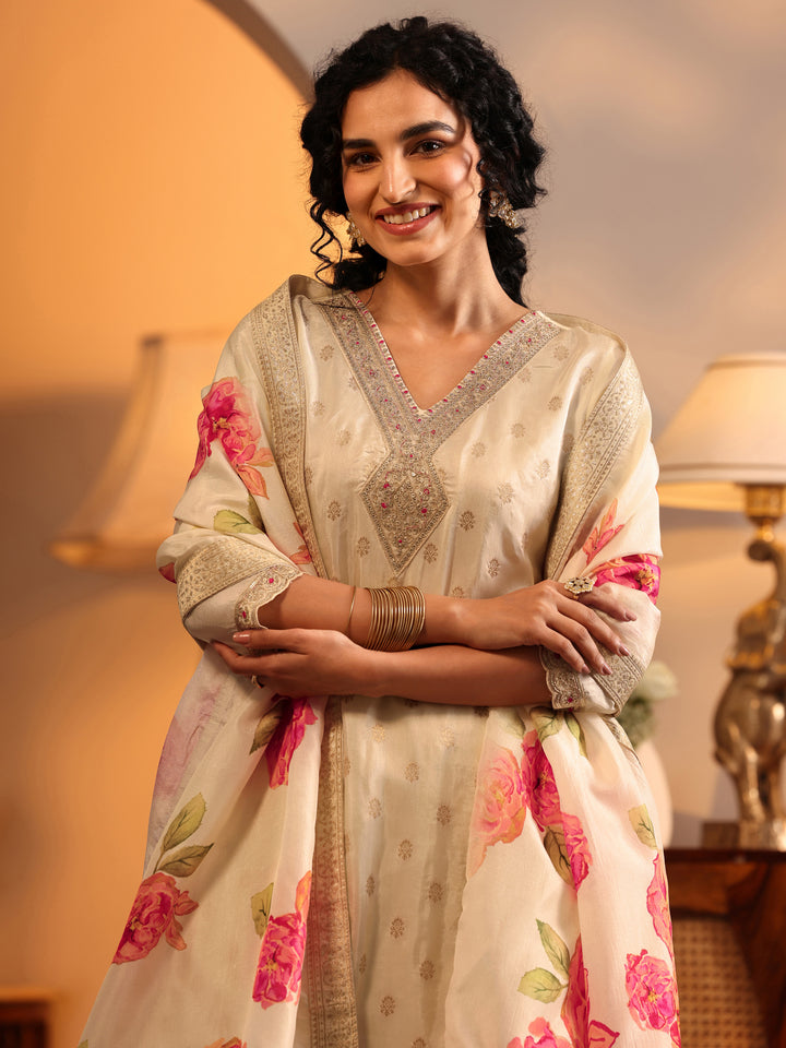 Libas Art Cream Woven Design Silk Blend Straight Suit Set With Dupatta
