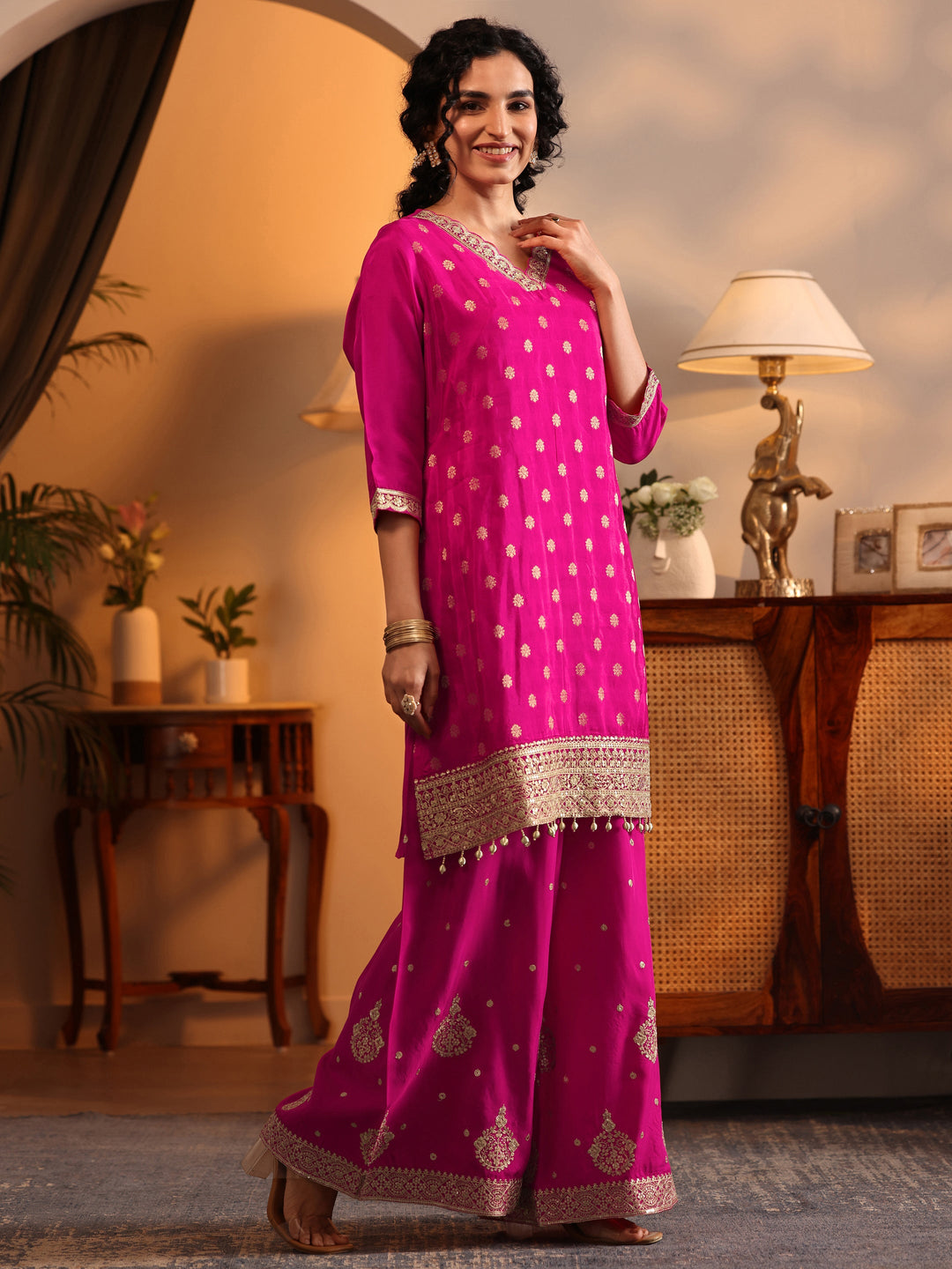 Libas Art Pink Woven Design Silk Blend Straight Suit Set With Dupatta