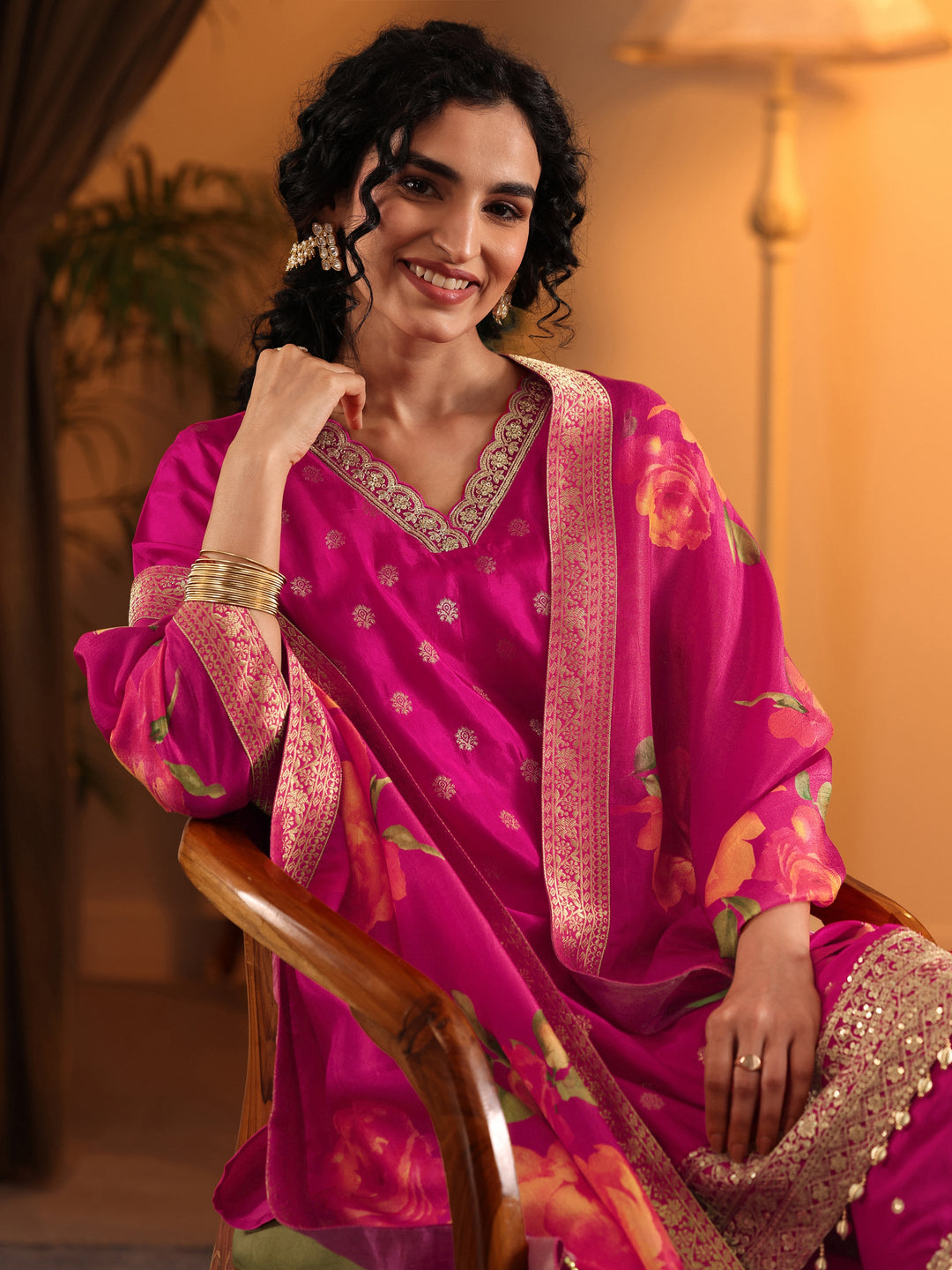 Libas Art Pink Woven Design Silk Blend Straight Suit Set With Dupatta