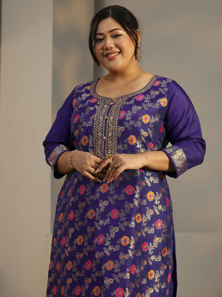 Plus Size Navy Blue Woven Design Silk Blend Straight Suit Set With Dupatta