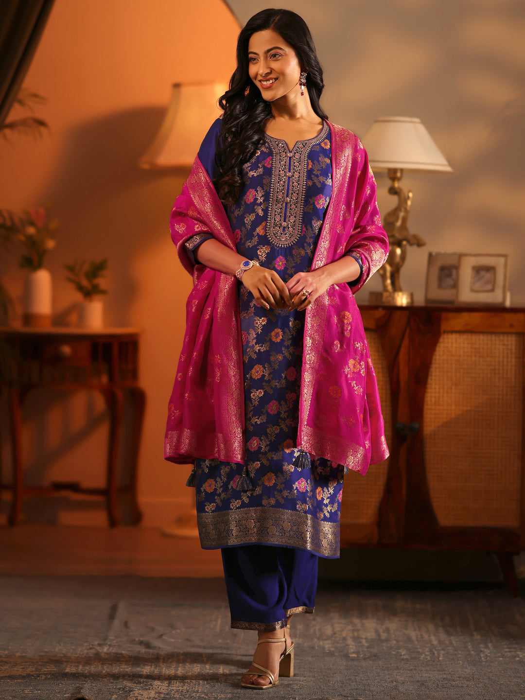 Libas Art Navy Blue Woven Design Silk Blend Straight Suit Set With Dupatta