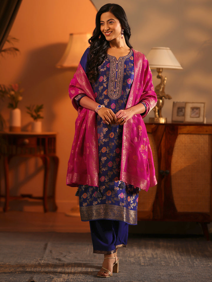 Libas Art Navy Blue Woven Design Silk Blend Straight Suit Set With Dupatta