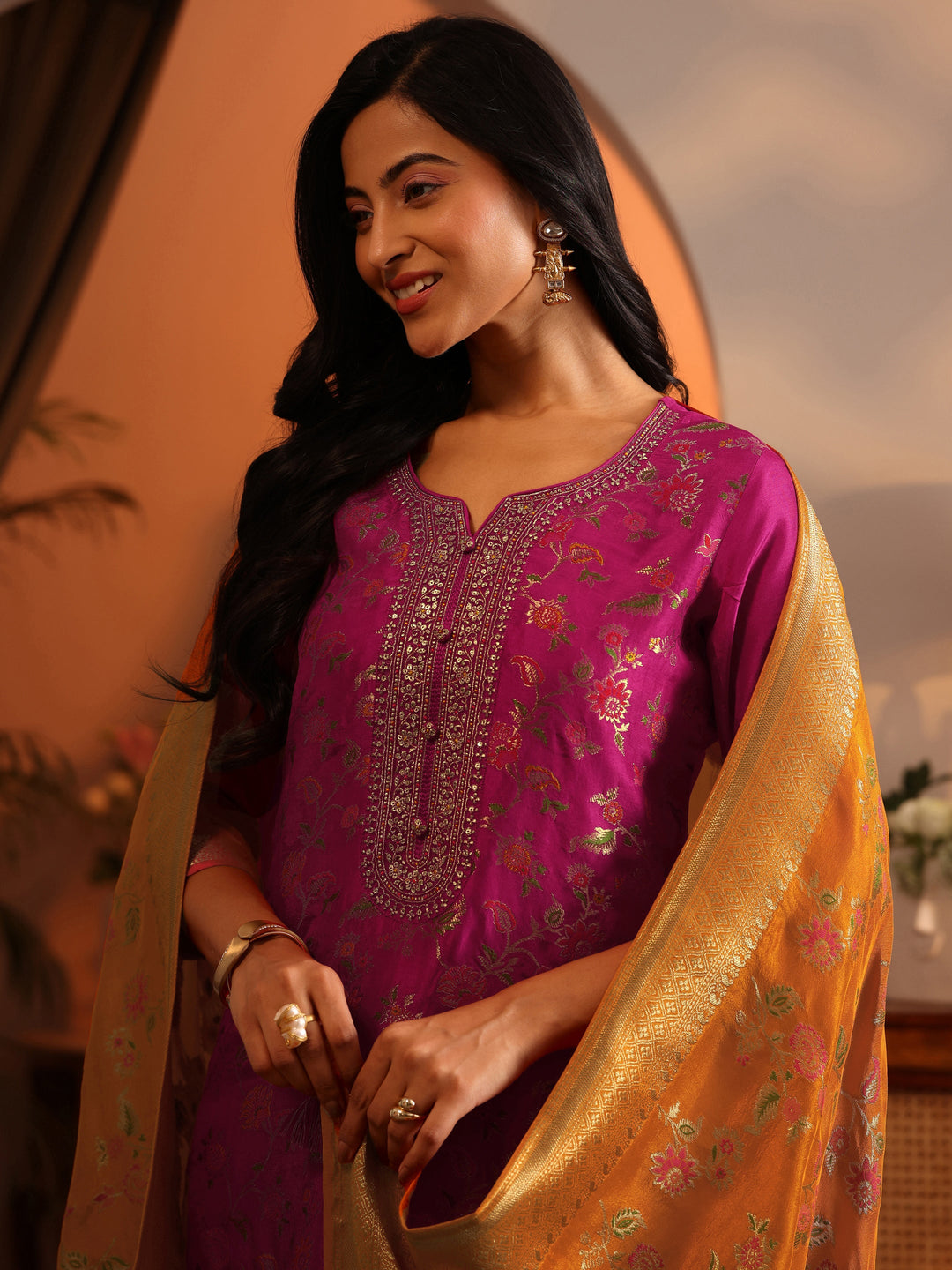 Libas Art Pink Woven Design Silk Blend Straight Suit Set With Dupatta