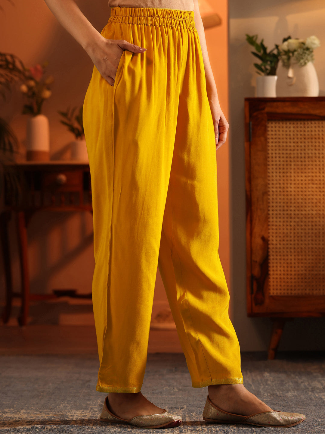 Libas Art Mustard Woven Design Silk Blend Straight Suit Set With Dupatta