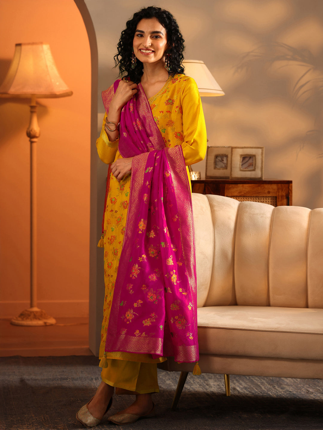 Libas Art Mustard Woven Design Silk Blend Straight Suit Set With Dupatta