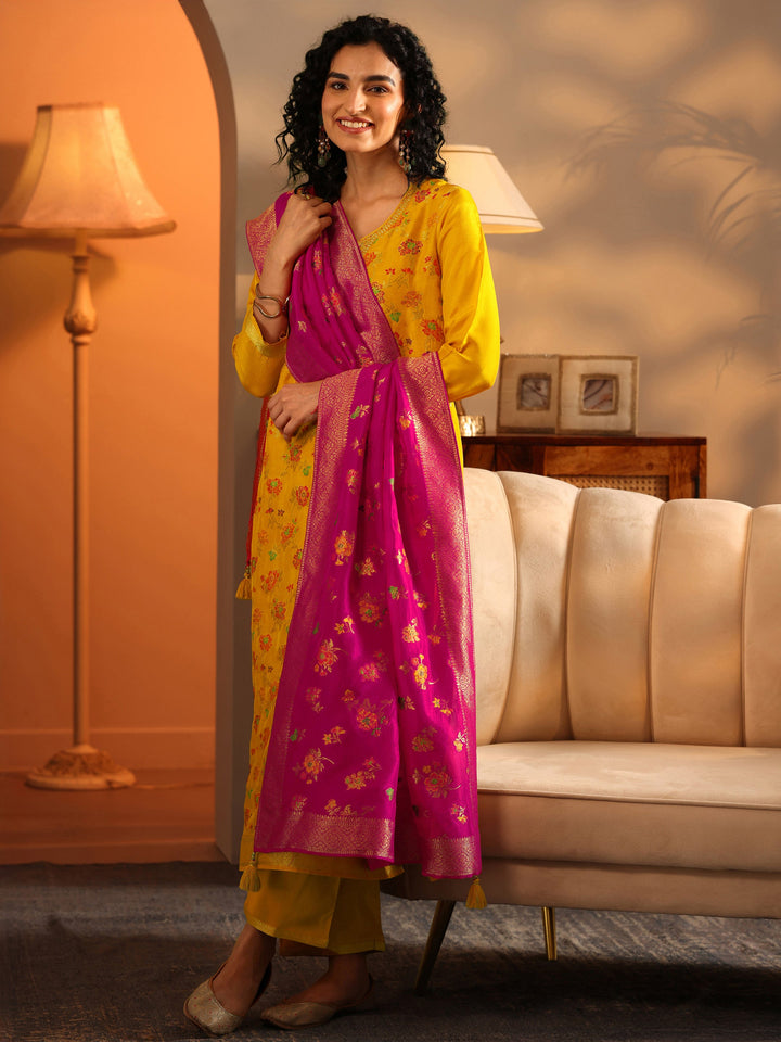 Libas Art Mustard Woven Design Silk Blend Straight Suit Set With Dupatta