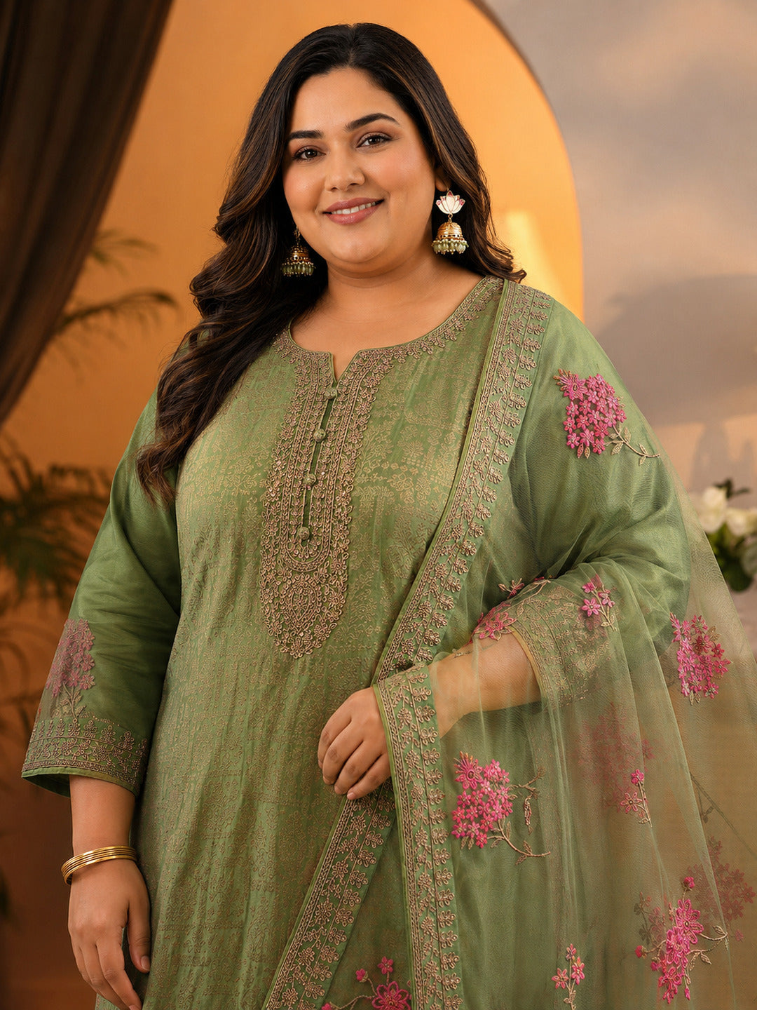 Plus Size Green Woven Design Silk Blend Straight Suit Set With Dupatta