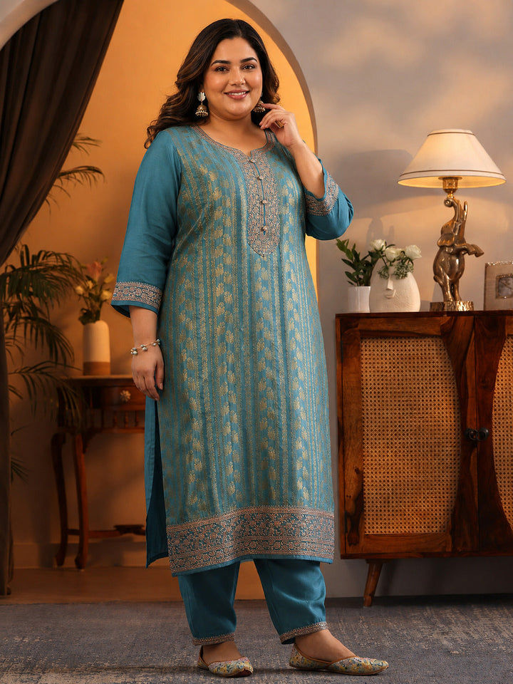Plus Size Blue Woven Design Silk Blend Straight Suit Set With Dupatta
