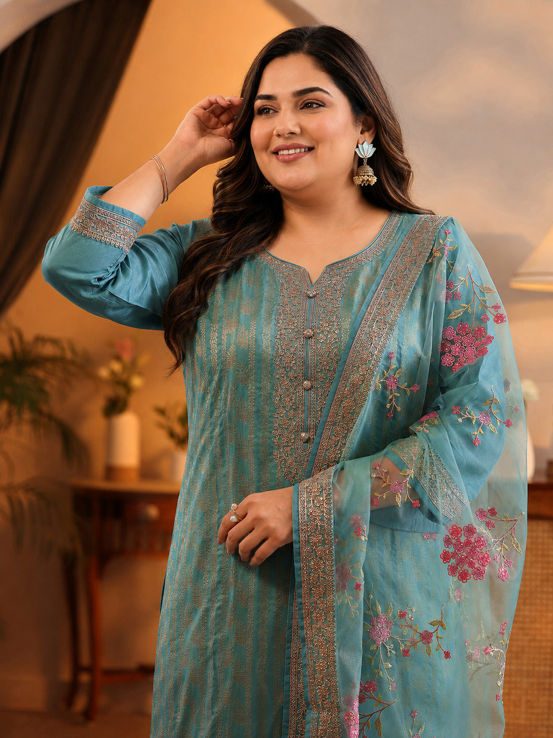 Plus Size Blue Woven Design Silk Blend Straight Suit Set With Dupatta