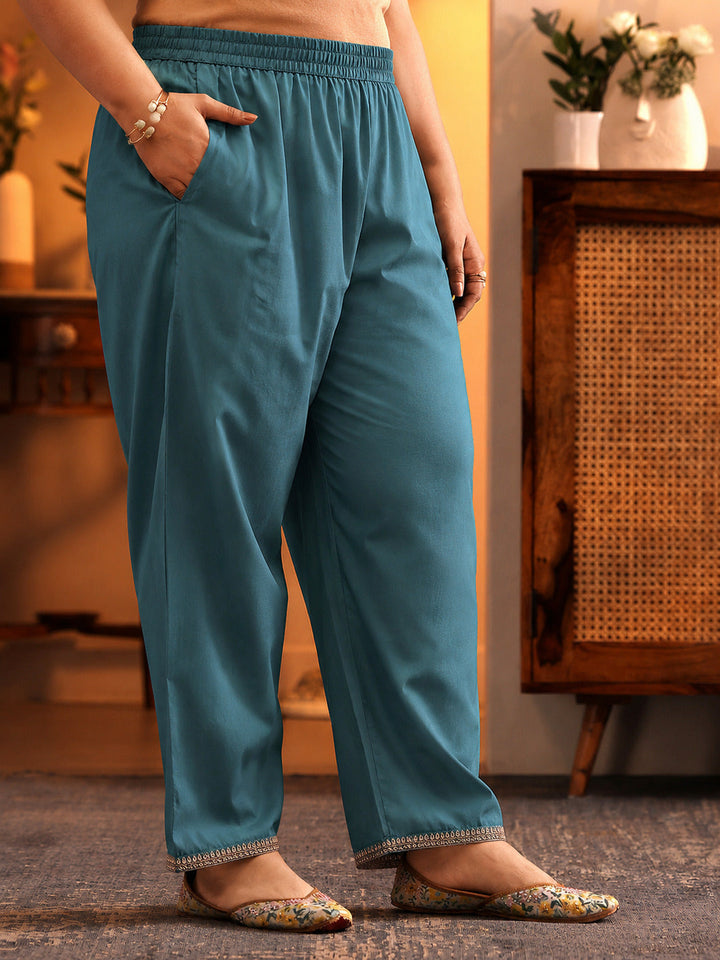 Plus Size Blue Woven Design Silk Blend Straight Suit Set With Dupatta