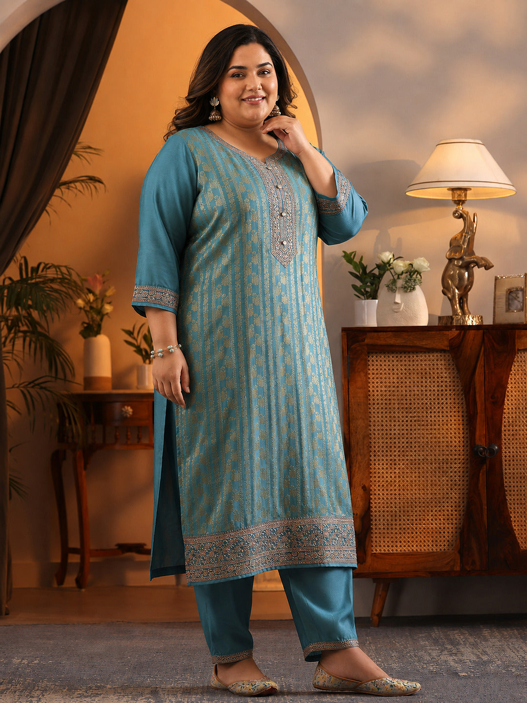Plus Size Blue Woven Design Silk Blend Straight Suit Set With Dupatta