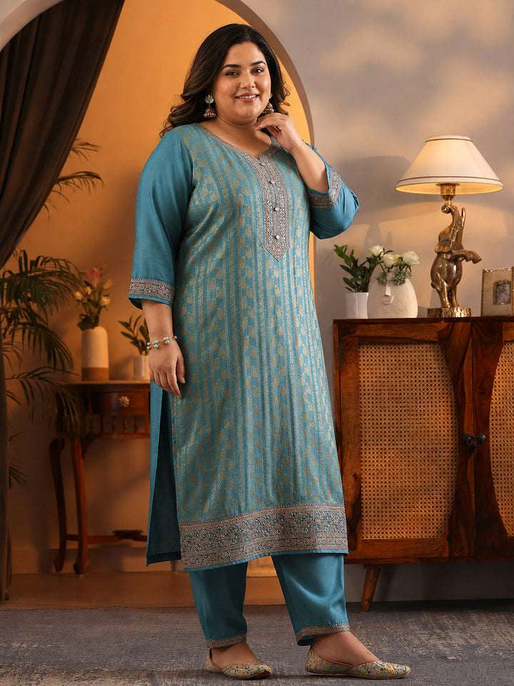 Plus Size Blue Woven Design Silk Blend Straight Suit Set With Dupatta