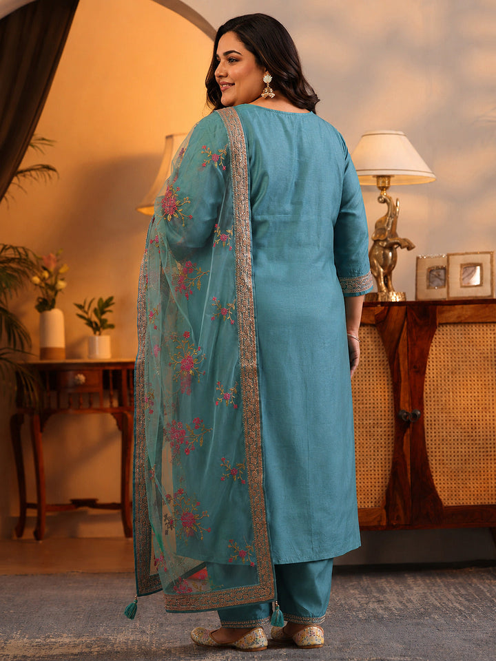 Plus Size Blue Woven Design Silk Blend Straight Suit Set With Dupatta