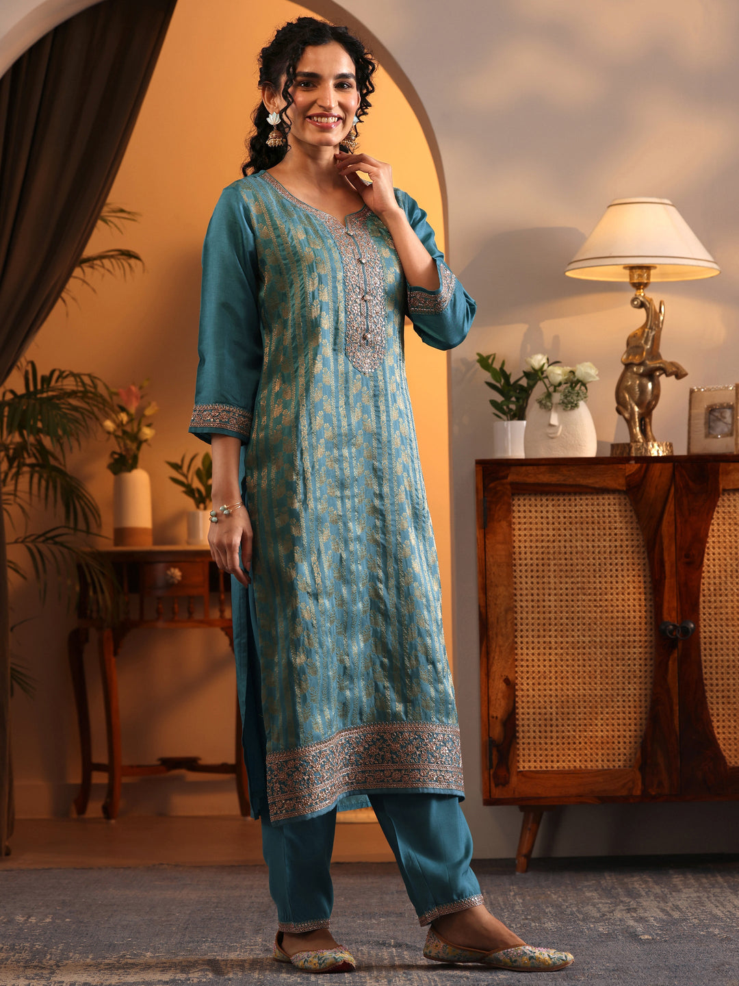 Libas Art Blue Woven Design Silk Blend Straight Suit Set With Dupatta