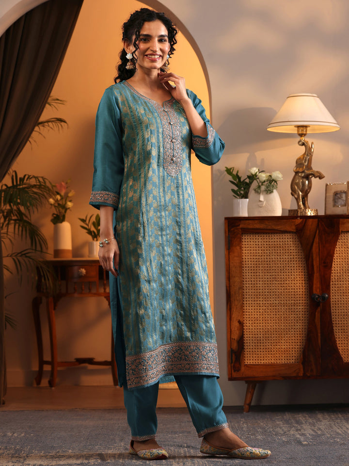 Libas Art Blue Woven Design Silk Blend Straight Suit Set With Dupatta