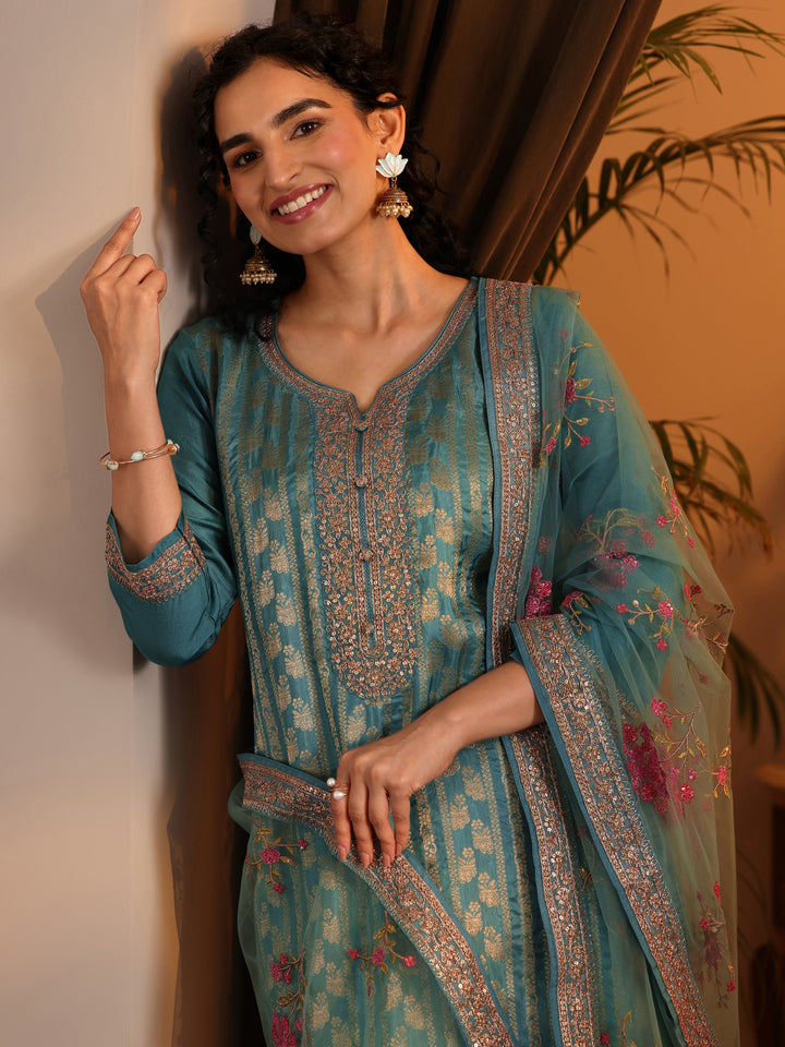 Libas Art Blue Woven Design Silk Blend Straight Suit Set With Dupatta