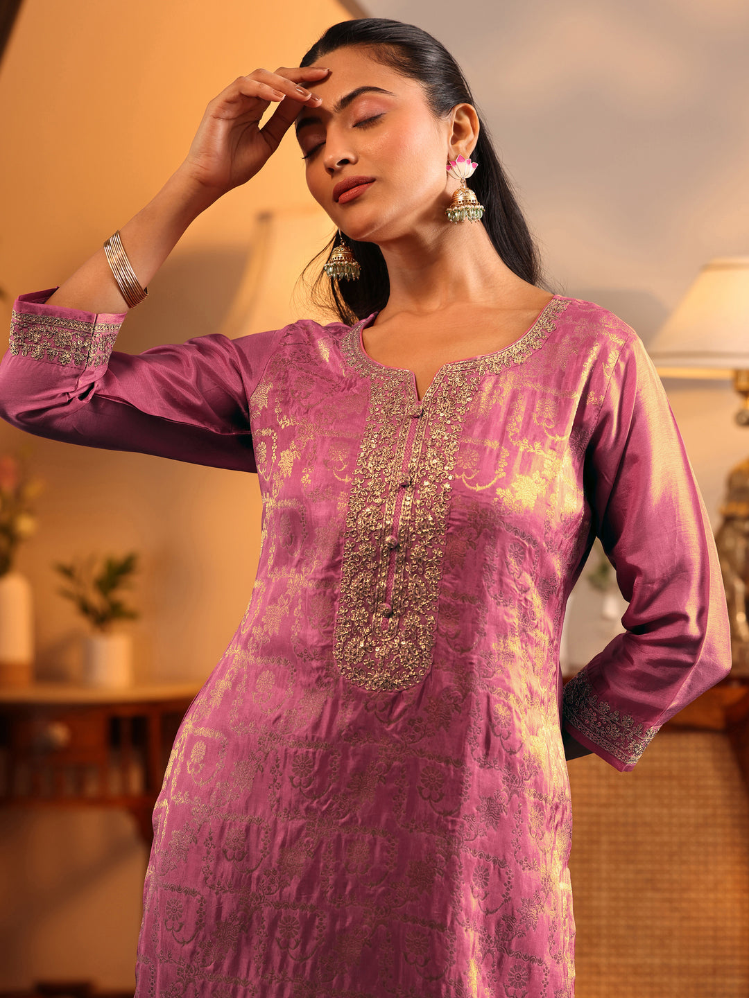 Libas Art Pink Woven Design Silk Blend Straight Suit Set With Dupatta