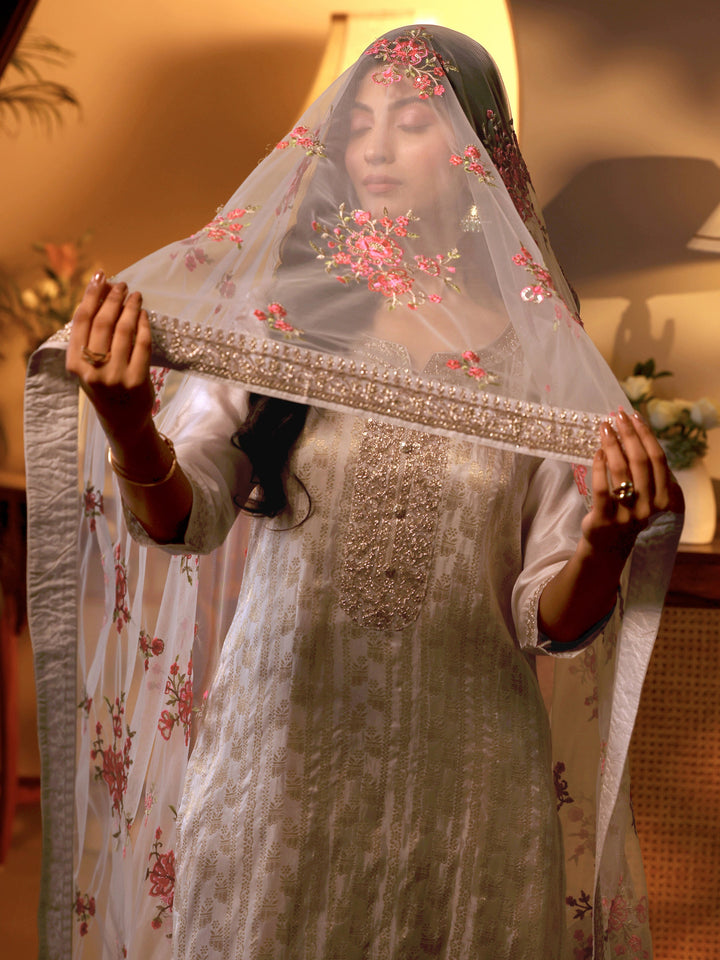 Libas Art Off White Woven Design Silk Blend Straight Suit Set With Dupatta
