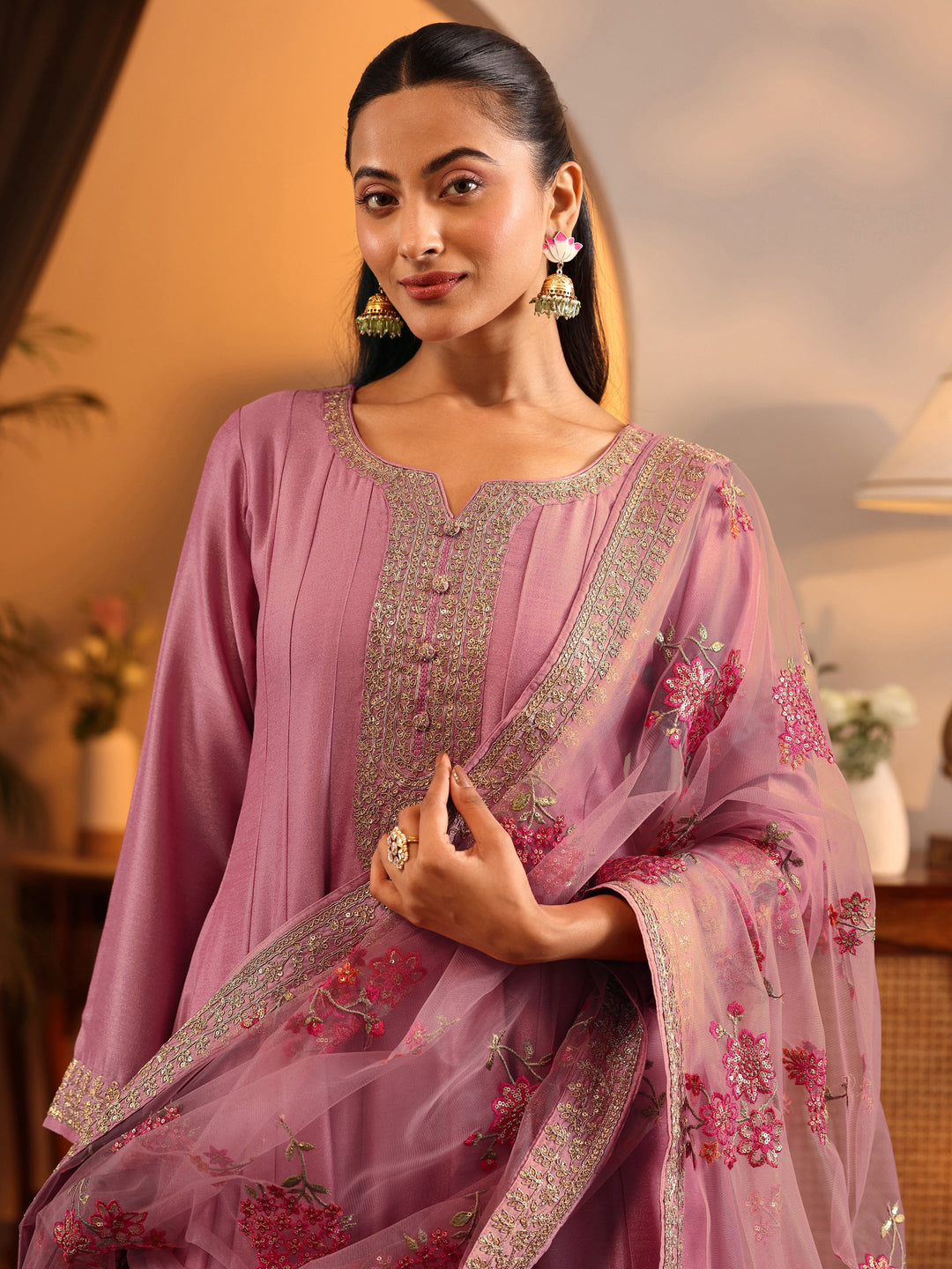 Libas Art Pink Embroidered Silk Blend Anarkali Suit Set With Dupatta