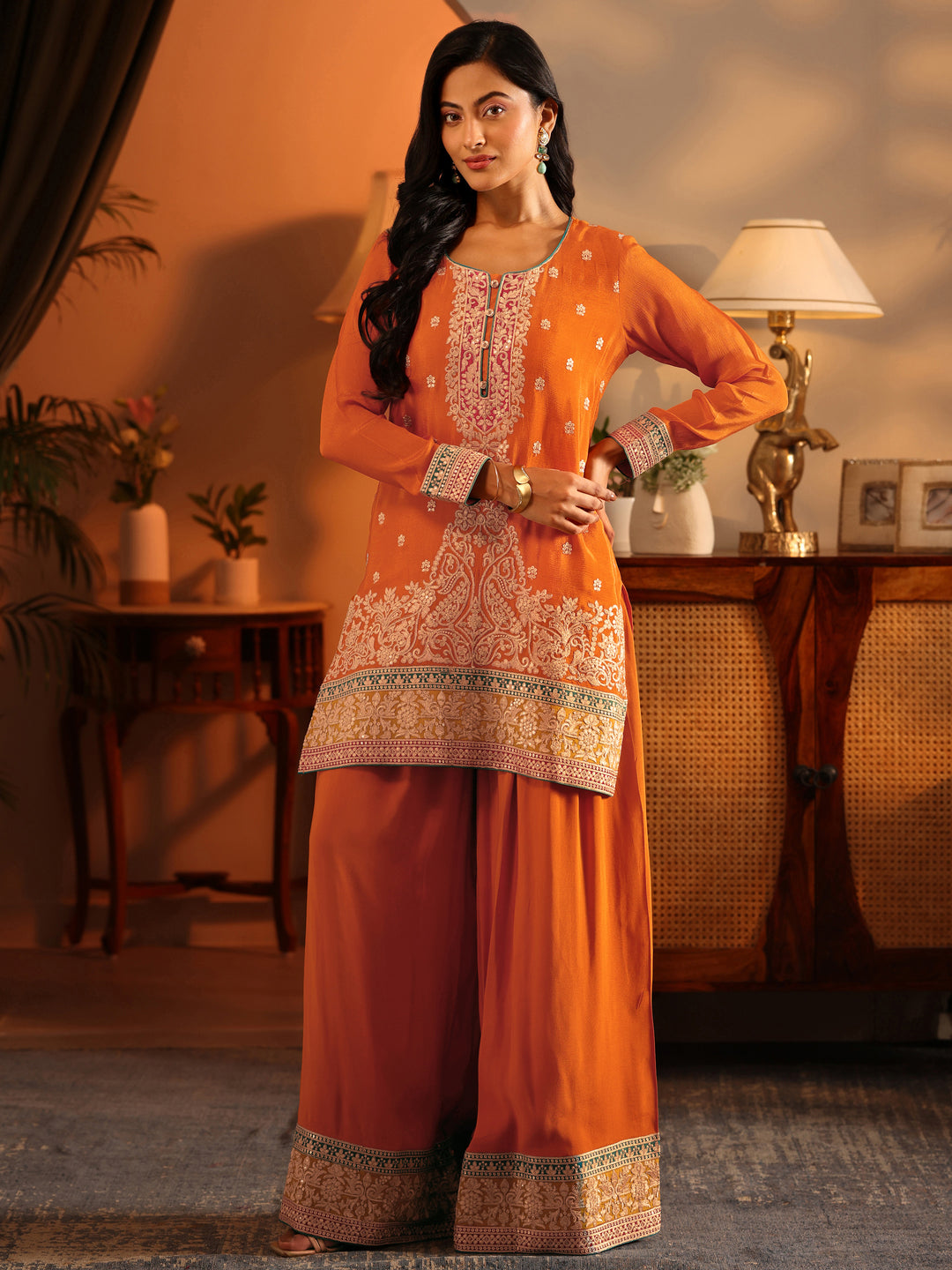 Libas Art Orange Embroidered Chinon Straight Suit Set With Dupatta